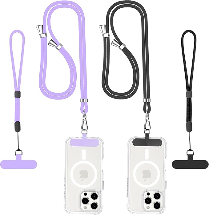 Phone Lanyard - Crossbody Multifunctional Lanyards with Wrist Strap, Tether Pads - Compatible with Most Smartphones in Black&Purple