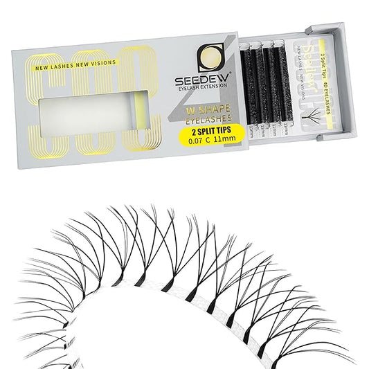 SEEDEW 4D-Double Tips Lash Extensions, 0.07mm C Curl 11mm 12 Rows/Tray, W Shape 4DD Flat Stem, PBT Volume False Eyelashes for Beginner Artist, Lash Tech, Beauty Salon(4DD-Matte Black-0.07-C-11mm)