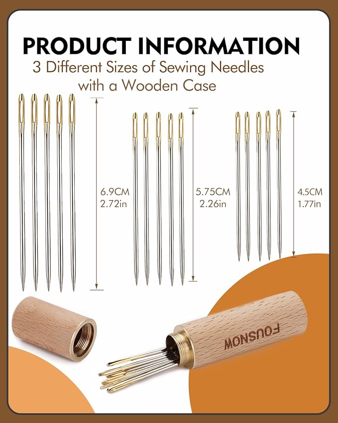 FOUSNOW 19 Pcs Hand Sewing Needles Kit, Assorted Sewing Needles with Wooden Sewing Needles Cushion, Needle Threaders for Hand Sewing, 3 Sizes Hand Stitching Needles for Sewing Repairing Craft