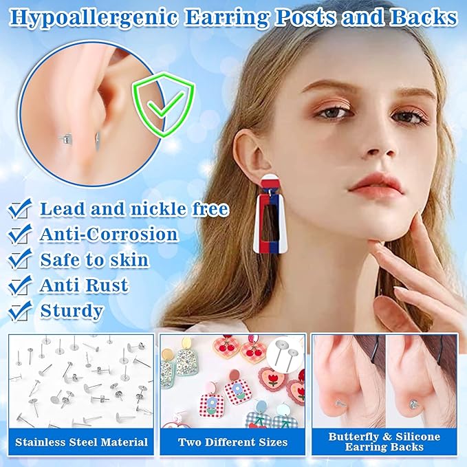 Evatage Multipurpose Adhesive Jewelry Glue with 1002Pcs Stainless Steel Earring Posts and Backs, Silver Stud Posts with Butterfly and Rubber Bullet Earring Backs for Jewelry Making Supplies Kit