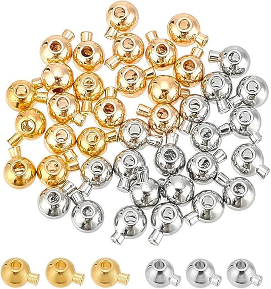 arricraft 40 Pcs 2 Colors Brass Crimp Beads, Round Ball and Column Shaped Fold Over Cord Ends Metal Crimp End Tips Knot Covers Wire Guardians for DIY Jewelry Making, 1mm Hole