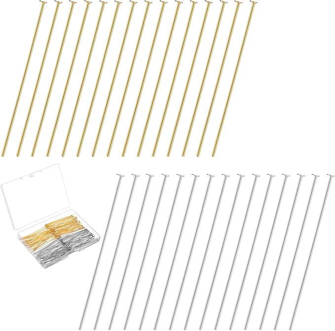 200 PCS Flat Head Pins, Stainless Steel Eye Pins 2 Inch Jewelry Making Pinflat Headpins Jewelrys Findings Eye Pin for DIY Craft Earring Bracelet Necklace Pendant(Silver Gold