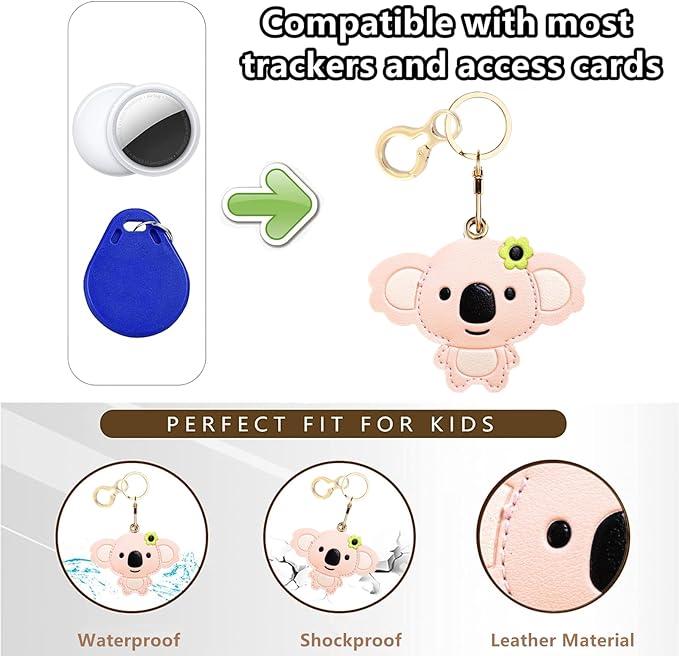 Leather Keychain Holder Case Compatible with AirTag,Cute Protective Cover with Keyring,Anti-Scratch Finder GPS Tracker Case for Wallet Keys,Bag,Pets(Koala Pink)