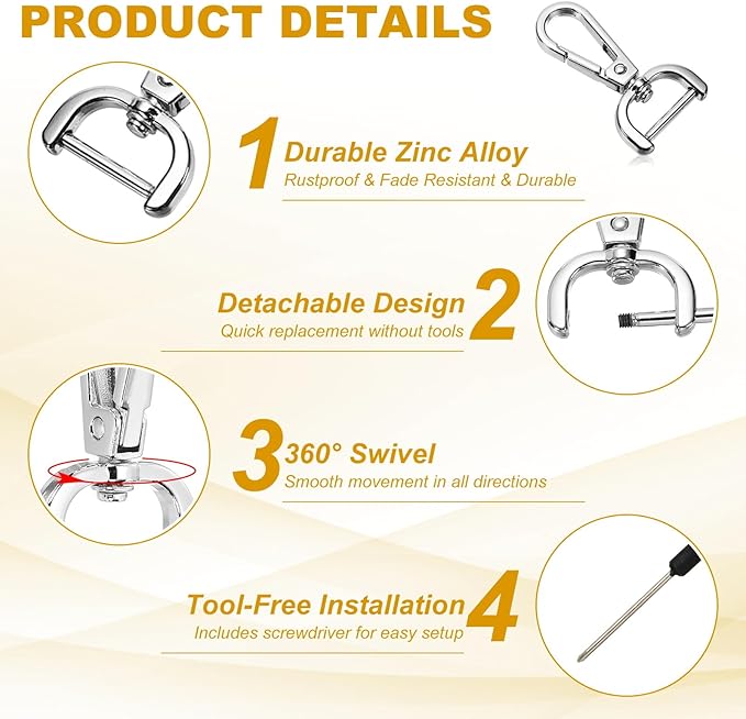 YELARXI Swivel Clasps Hook, 3/4 Inch ID Detachable Snap Hook W/Screw Bar D Ring Claw Clasp with Screwdriver Fit for Lanyard Bag Leather Craft Purse Hardware DIY Bag (4 Pack, Silver White)