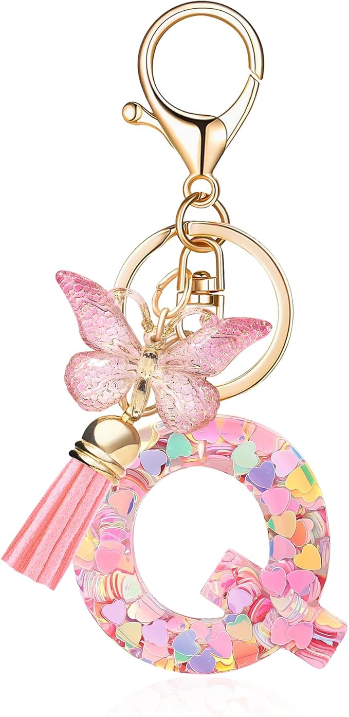 Fashion Alphabet Initial Letter Keychain Tassel Butterfly Pendant Key Ring for Purse Handbags Women Girl