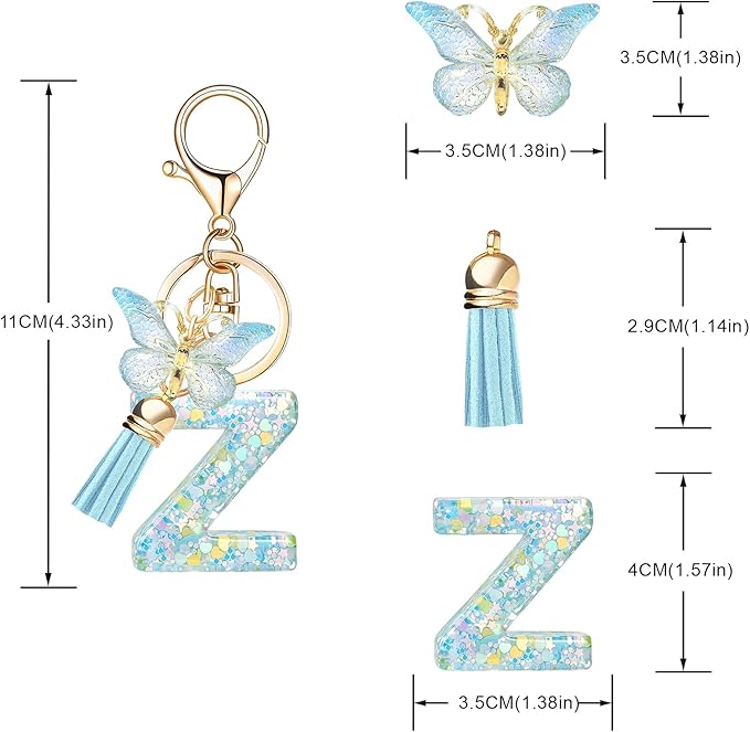Fashion Alphabet Initial Letter Keychain Tassel Butterfly Pendant Key Ring for Purse Handbags Women Girl