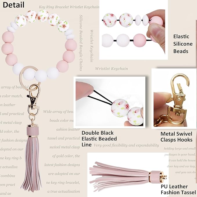 BIHRTC Key Ring Bracelet Car Keychain Holder Wristlet Silicone Women Beaded Bangle Chains