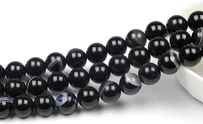 MJDCB Natural Black Striped Agate Round Loose Beads for Jewelry Making DIY Bracelet Necklace (10mm)