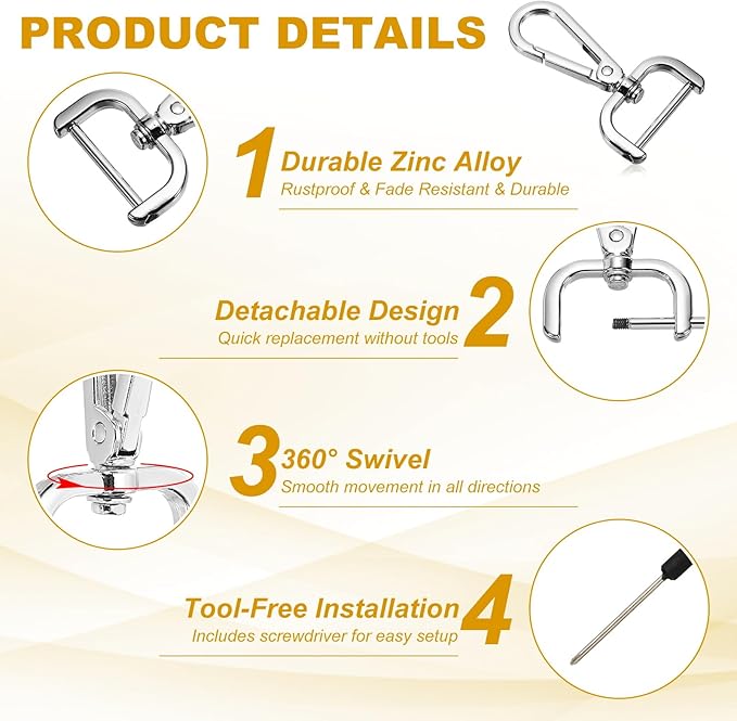 YELARXI Swivel Clasps Hook, 1 Inch ID Detachable Snap Hook W/Screw Bar D Ring Claw Clasp with Screwdriver Fit for Lanyard Bag Leather Craft Purse Hardware DIY Bag (4 Pack, Silver White)