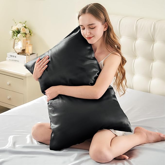 INFIIXSO Mulberry Silk Pillowcase for Hair and Skin, Silk Pillow Cases Queen Size Set of 2 with Hidden Zipper 20x30 Inches, Ultra Smooth and Soft Cooling Pillow Cases for Hot Sleepers(Black, 2 Pack)