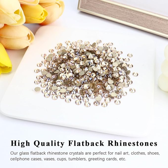 1440PCS SS8 Crystal Glass Flatback Rhinestones, Round Flat Back Crystal Gems for Nail Art and Craft Clothes, Glue Fix Diamond Stones Golden Shadow/Champagne (2.3-2.5mm)