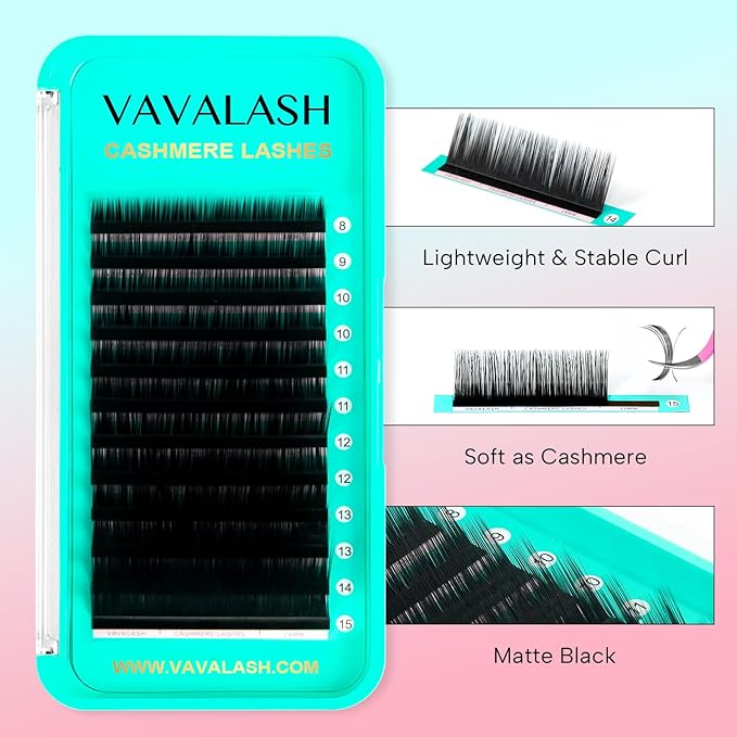 VAVALASH Cashmere Eyelash Extensions 0.03/0.05/0.07/0.15 Premium Lashes B L J Curl Volume Lash Extensions, Soft Super Matte Black Professional Lashes Extension Tray Supplies (0.07-L-8-15MM)