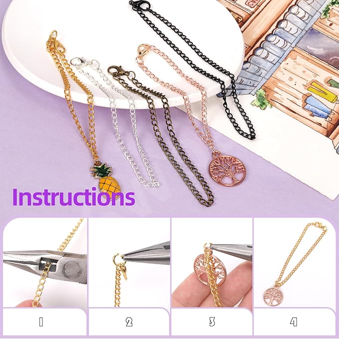 Swpeet 102Pcs Bronze 3mm by 10 Yard Length Jewelry Making Chains Kit with Jump Rings, Lobster Clasps and Jewelry Plier, Necklace Chains Flat Cable Link Chain Bulk Ideal for DIY Craft Jewel Making