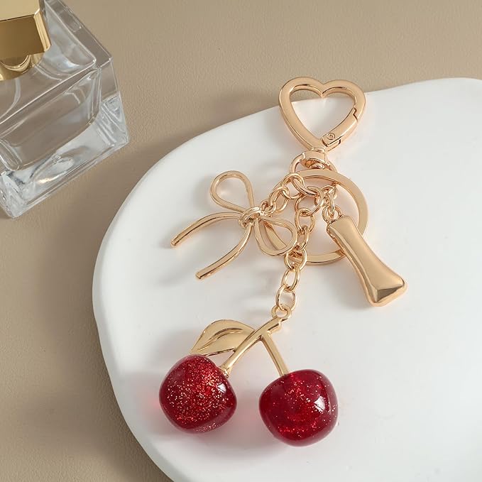 Snycler Bubble Initial Keychain with Cherry & Bow - Gold Letter Bag Charms for Women, Cute Purse Handbag Accessories