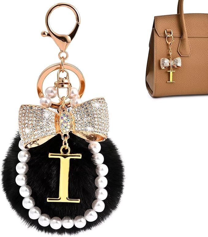 Gold Initial Keychain with Rhinestone Bow & Black Pom Pom, Cute Letter Bag Charm for Women Purse and Car Keys