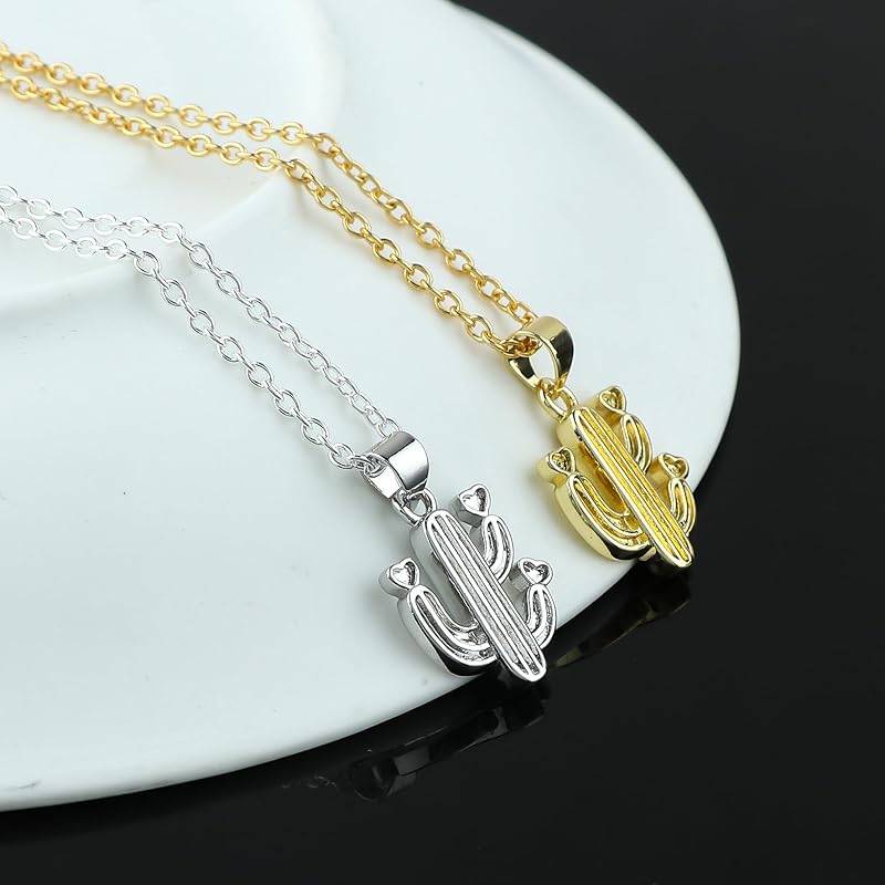 JOR Cactus Charm Pendant Necklace, Men & Women Unisex Jewelry, Dainty Gold & Silver Plated Combo Chain 18 inch (Pack of 2)