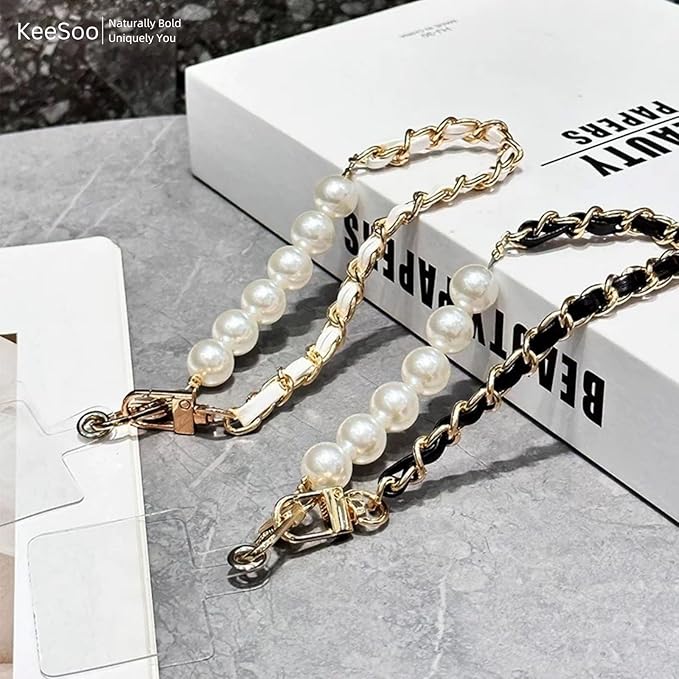 Original Korean Chic Pearl Gold Leather Phone Charm, Versatile with Premium Gold Metal Phone Tab (Lustrous Silver)