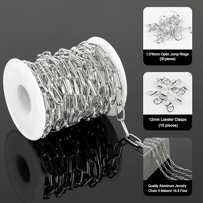 16ft/5m Aluminum Jewelry Chains Bulk Embossed Paperclip Jewelry Making Chains Oval Link Chain Roll with Jump Rings and Lobster Clasps