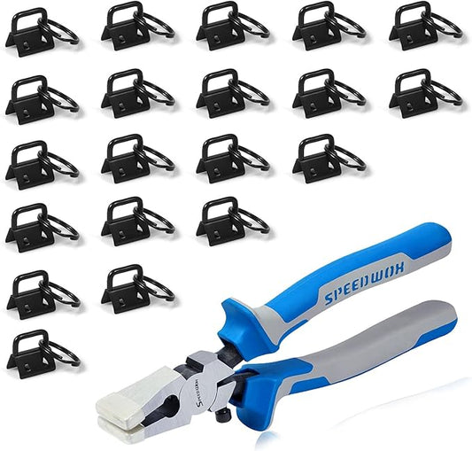 SPEEDWOX 20 Pcs 0.8" Dark Black Key Fob Hardware Set with Pliers, 8 Inch Glass Breaking Pliers with Rubber Tips TPR Handles, for Wristlet Keychain Key Lanyard Making