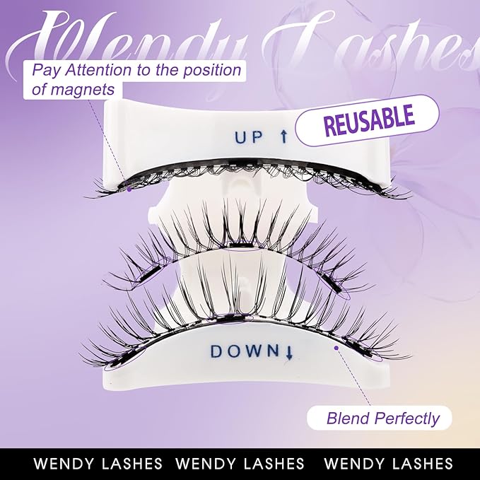 2-Pairs Magnetic Eyelashes Kit with Applicator: Wendy Natural Reusable False Lash Soft Waterproof False Lash No Glue Needed, 079+B01