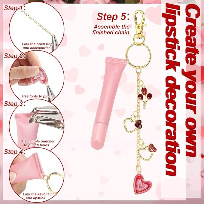 VioraWhite 213 Pcs Valentines Theme Lip Gloss Keychain Making Kit 100 Pink Enamel Charms 32.81 ft Gold Chains for Galentines DIY Crafts Women