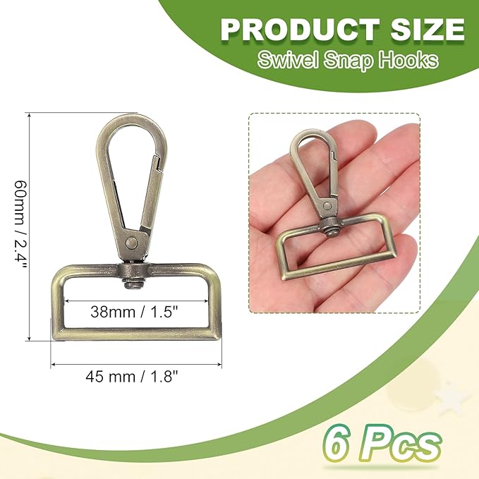 Swivel Snap Hooks, Metal D Ring Keychain Lanyard Clip Hook Lobster Clasp Claw Push Gate Clip - Fitting for(Purse Making - Sewing - DIY Crafts) 6 Pcs & 1.5" & Bronze Patina
