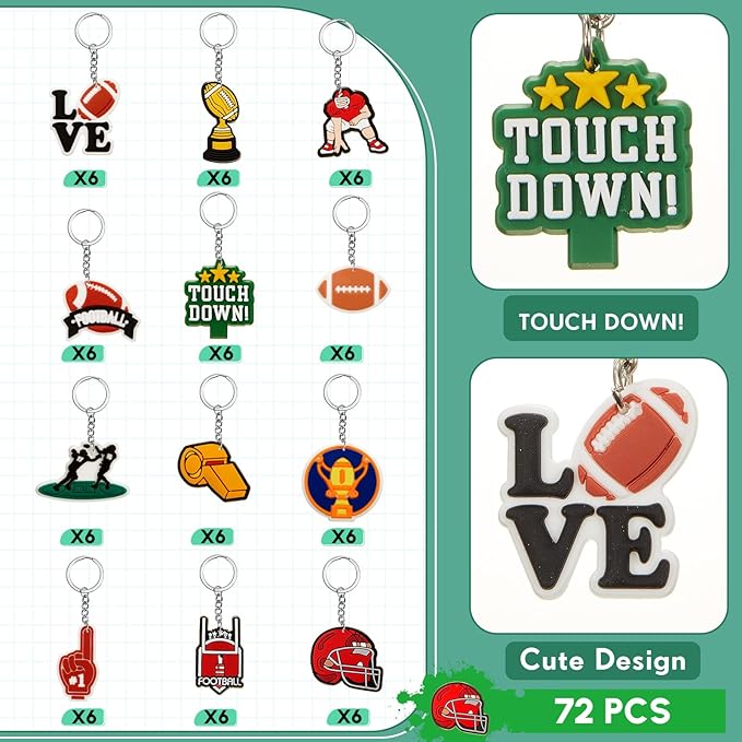 Batiyeer 72 Pack Football Keychains Bulk Party Favors Sports Ball Key Chains Funny Keyring Gifts for Women Men Birthday Supplies