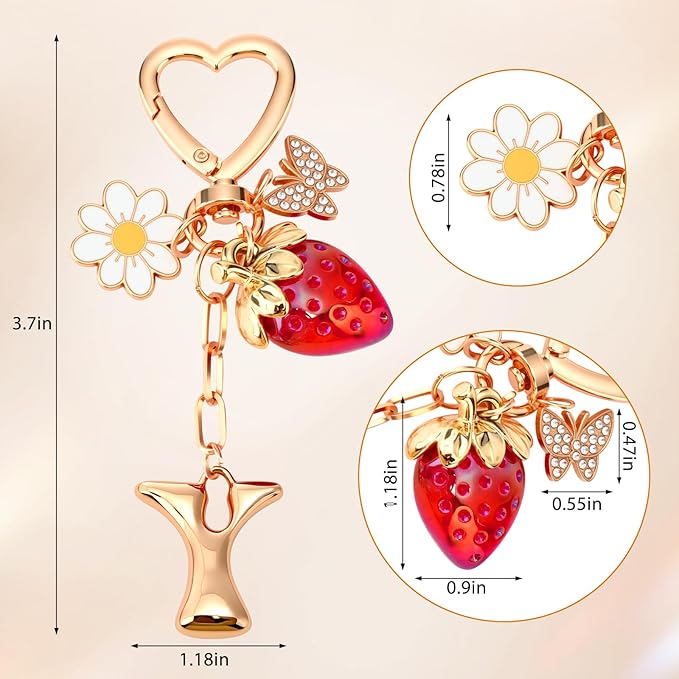 Strawberry Initial Keychain for Women-Cute Kawaii Gold Alphabet Bag Charms, Key chain Gift for Purse Handbag