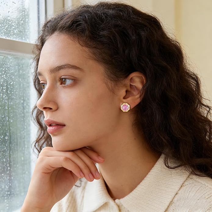 Cubic Zirconia Stud Earrings for Women | Rose Cut Simulated Diamond Earrings in 14K Gold Plated Sterling Silver Posts | Hypoallergenic Vintage Style | Wedding, Luxury Gift for Her
