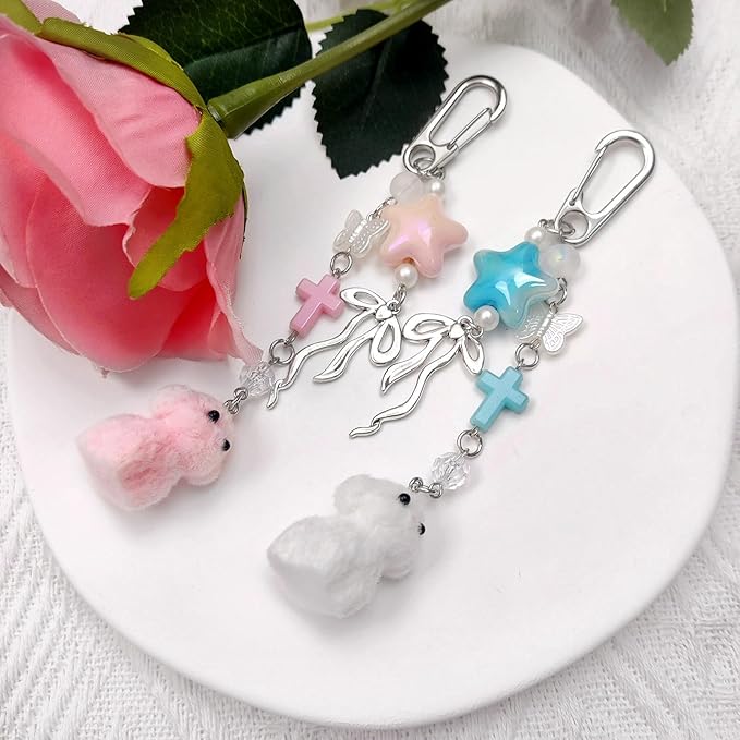 Cute Pink Keychain,Fuzzy Cat Keychain Aesthetic Y2K KeychainStylish KeychainsAccessories