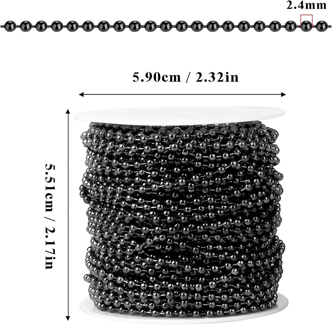 [50 Feet] Black Stainless Steel Ball Bead Chains Roll, 2.4mm Width 304 Stainless Steel Ball Chains Spool with 30 PCS Connectors Bulk for Jewelry Making