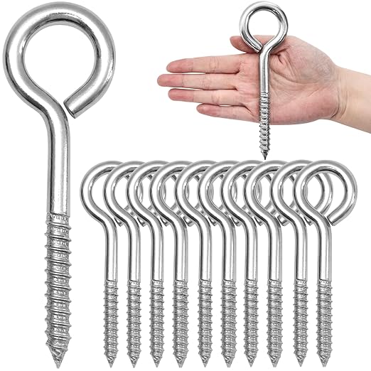 10PCS 6 inches Screw Eyes M10 304 Stainless Steel Eye Screws, Heavy Duty Screw, Eye Hooks Screw Eye Bolts Eye Hooks Screw, Indoor & Outdoor Uses (10, M10-6inch)