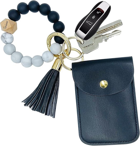 Keychain Wallet Wristlet Small Credit Card Holder Bracelet Key Chain Purse Bangle Tassel Beads Key Rings for Women