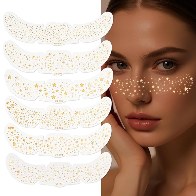 Aarovibe Gold Glitter Freckles Face Tattoo, 6pcs Fake Tattoos Sparkle Face Glitter, Waterproof Freckles Makeup Patches, Long-Lasting Sparkle for Festival Rave Concert Party Cosmetic Accessorie