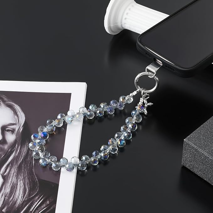 Crystal Phone Wrist Strap Phone Charm Chain Keychain Beaded Cellphone Lanyard with Tether Tab Hands-Free Wristlet Bracelet Wrist Grip Strap for Women, D-Light Blue