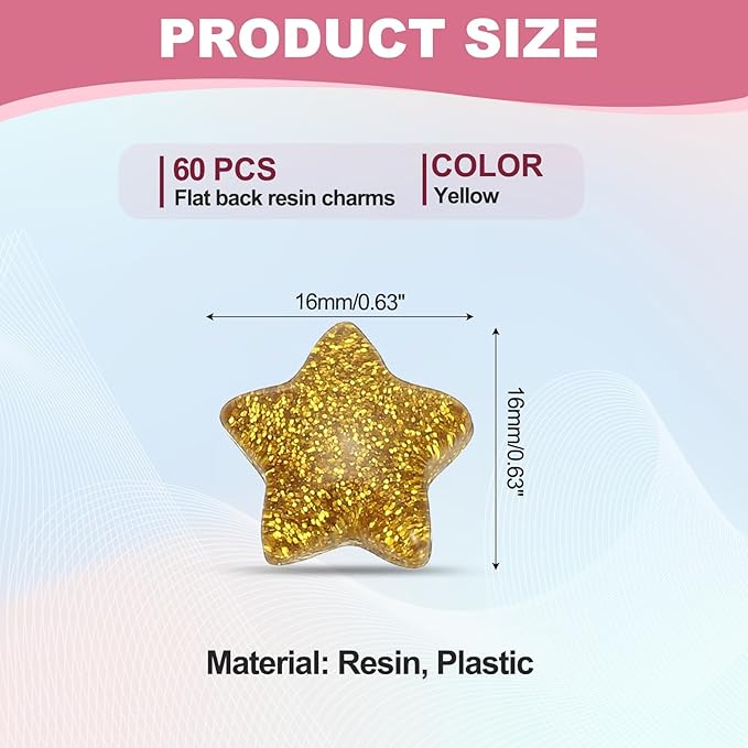 PATIKIL 60 Pcs Flat Back Resin Star Beads, Glitter Star Charms Bulk Mini Flat Back Beads Embellishments for DIY Crafts Phone Case, Yellow