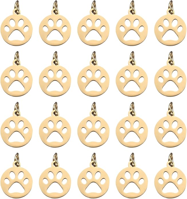 PATIKIL Dog Paw Print Charms 3mm, 20 Pcs Round Cat Dog Paw Pendant Cute Hollow Pet Animal Footprint Pendants Keychain Charm for DIY Jewelry Making Necklace Bracelet, Gold