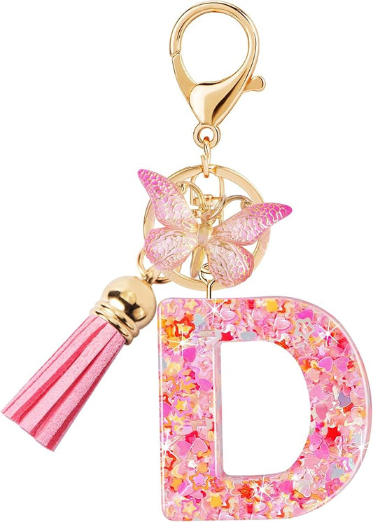 Initial letter Keychains for Women Girls Tassel Butterfly Cute Keychain for Wallet Backpack charm