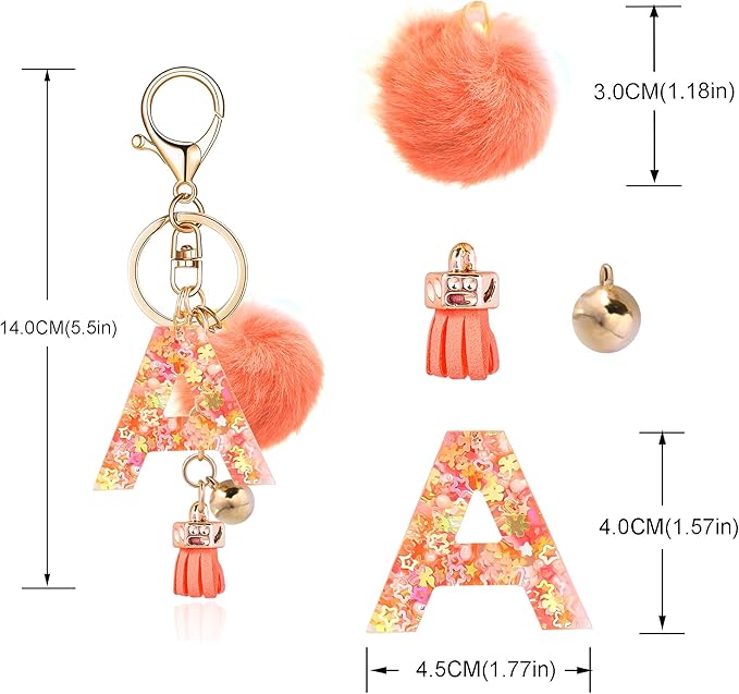Resin Alphabet Initial Letter Keychain Keyring for Women Purse Handbags With Fur Ball Pom