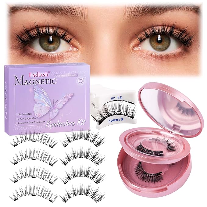 FADLASH Magnetic Eyelashes with Applicator Reusable Magnetic Lashes Natural Look 2 Pairs with Clamp No Glue Needed False Eyelashes Kit Easy to Wear (806+B7)