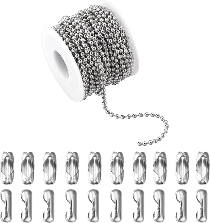 Topacket 33Feet Ball Bead Chain Stainless Steel Dog Tag Chain with Matching Connectors for Jewelry Making Necklace Hanging Bracelets Keychain(3.0mm)