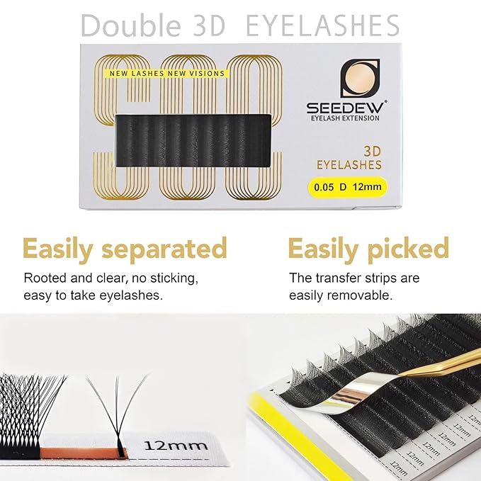 SEEDEW 3D-Double Tips Lash Extensions, 0.07mm C Curl 12mm 12 Rows/Tray, W Shape 3DD Flat Stem, PBT Natural False Eyelashes for Beginner Artist, Lash Tech, Beauty Salon(3DD-Matte Black-0.07-C-12mm)