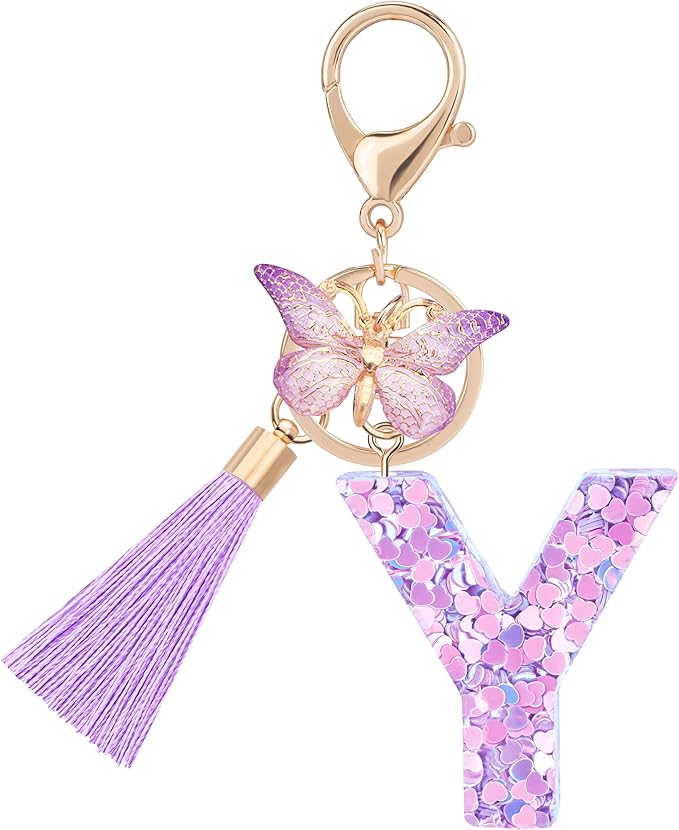 Initial letter Keychains for Women Girls Tassel Butterfly Cute Keychain for Wallet Backpack charm