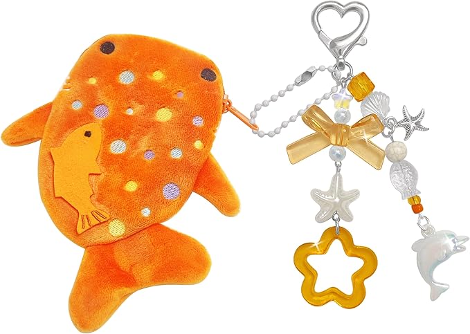Adorable Whale Shark Coin Purse Keychain,Soft Plush Zipper Coin Purse,Handmade Purse Bag Charm Gift for Women (Orange)