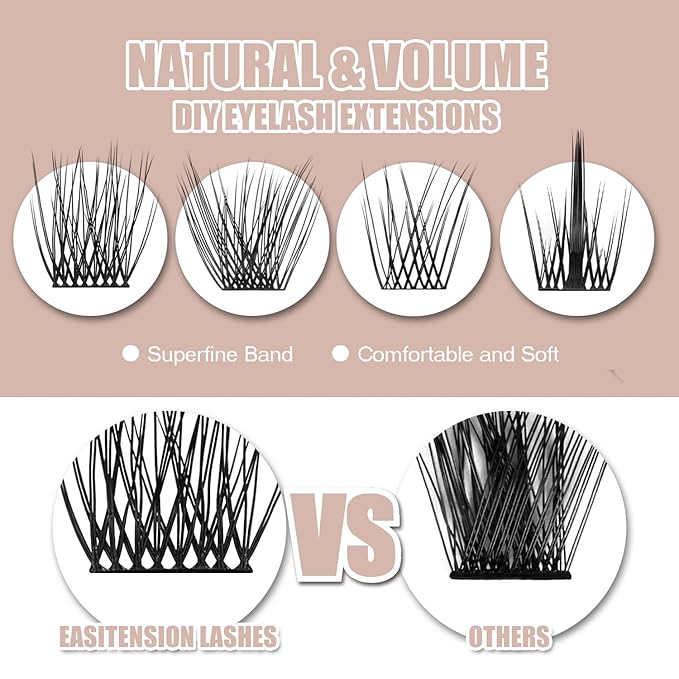 DIY Eyelash Extension, 3D Effect Glue Bonded Band Individual Lash 48 Clusters Volume Lashes Set, Home Eyelash Extension, C curl Lashes Pack 14MM-48 Clusters