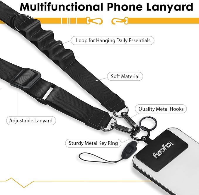 Phone Lanyard Crossbody, Black Cell Phone Lanyard for Around The Neck Adjustable Phone Strap, Anti Theft Long Lanyard for iPhone Case ID Holder Keys Phone Accessories Travel Essential for Women