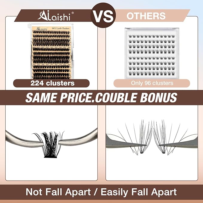 AILAISHI Lash Clusters Kit, DIY Cluster Eyelash Extensions 9‑16mm, 60D+80D+100D, 224pcs Fluffy D Curl Natural Lashes with Bond & Seal,Tweezers–Fake Cat Eye Individual Clusters