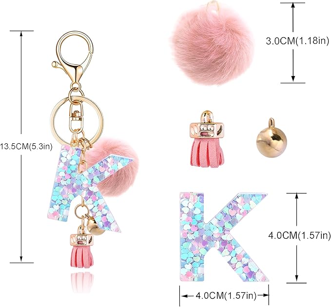 Resin Alphabet Initial Letter Keychain Keyring for Women Purse Handbags With Fur Ball Pom
