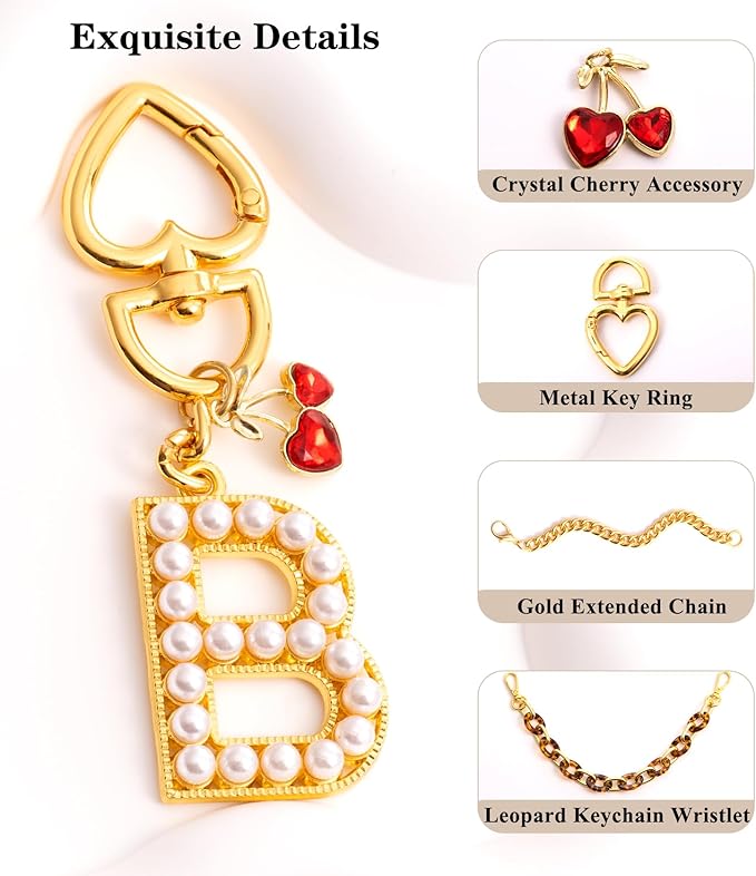 Pearl Initial Keychain with Leopard Bag Charms Wallet Chain Women Cute Alphabet Keychains Charm for Purse Handbag