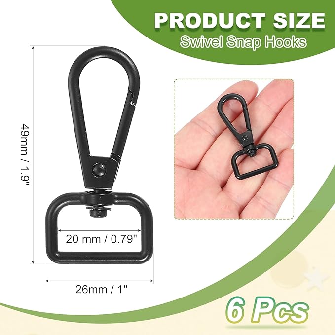 Swivel Snap Hooks, Metal D Ring Keychain Lanyard Clip Hook Lobster Clasp Claw Push Gate Clip - Fitting for(Purse Making - Sewing - DIY Crafts) 6 Pcs & 3/4" & Electrophoretic Black